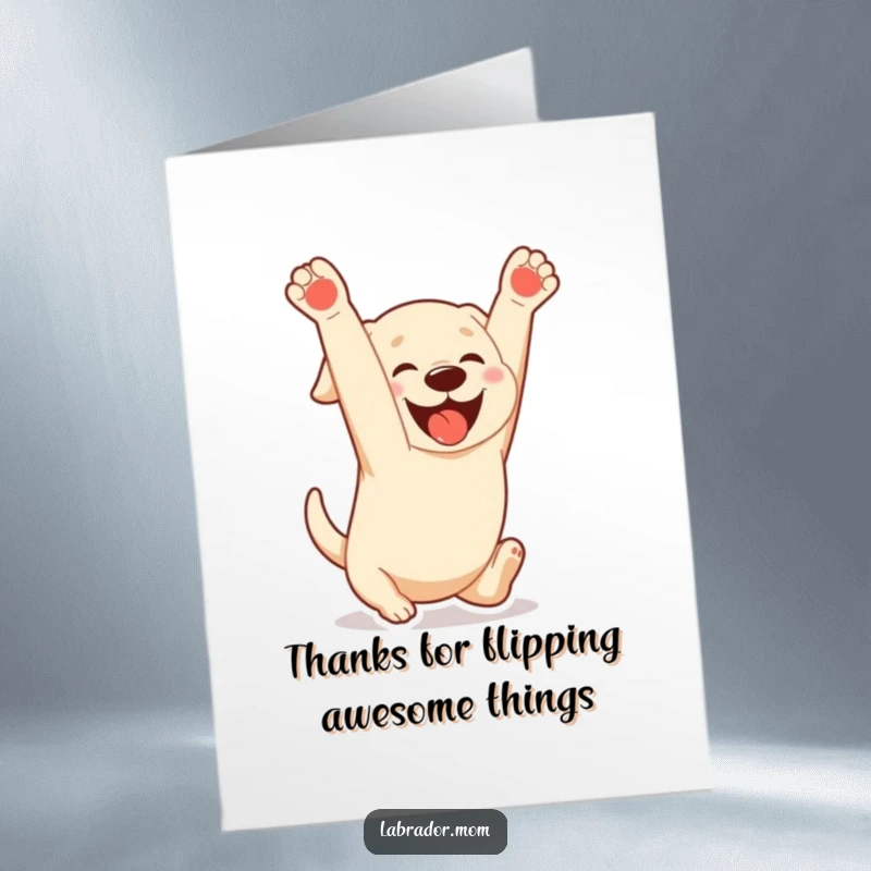 Funny Free Printable Thank You Card: A gleeful Kawaii Labrador mid-somersault, its expression pure joy, sending a funny and energetic thank you.
