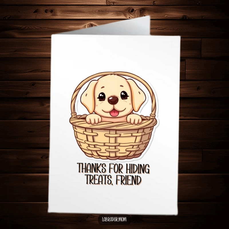 Funny free printable thank you card featuring a kawaii labrador peeking mischievously from a basket, full of charm.