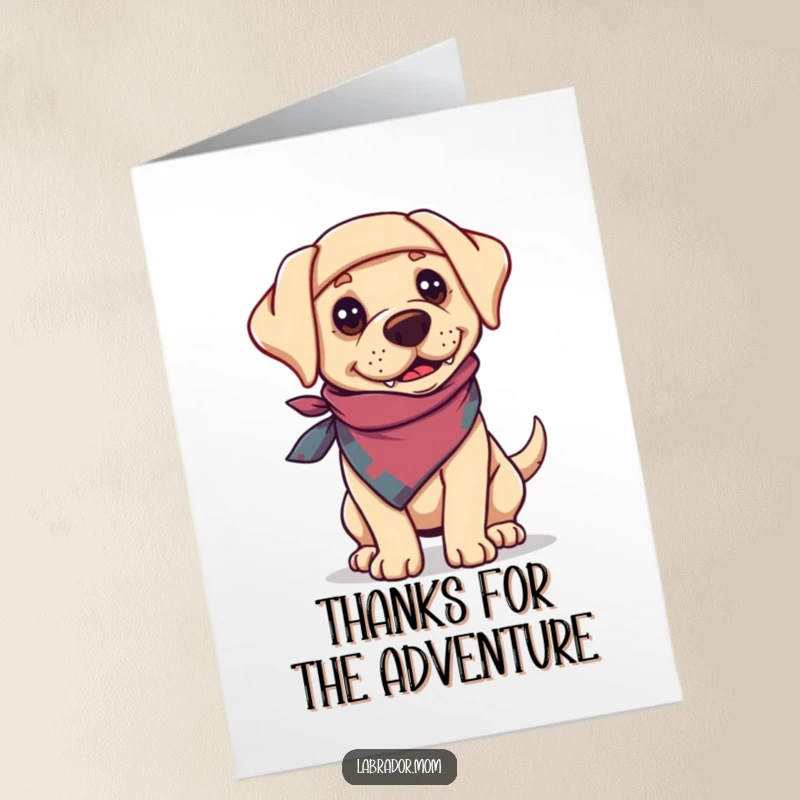 Funny Free Printable Thank You Card featuring a bandana-wearing Labrador with an adventurous look, showing appreciation. Downloadable art.