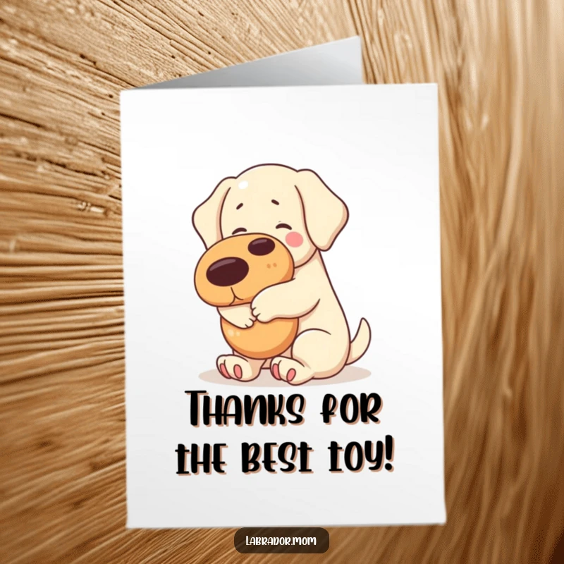 Funny Free Printable Thank You Card: Adorable kawaii labrador hugs a large squeaky toy, radiating playful thanks and happiness.