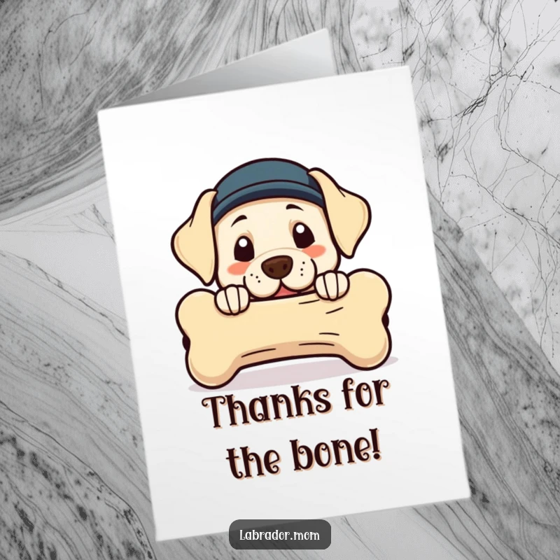 Funny free printable thank you card showing a kawaii labrador peeking from behind an oversized bone.