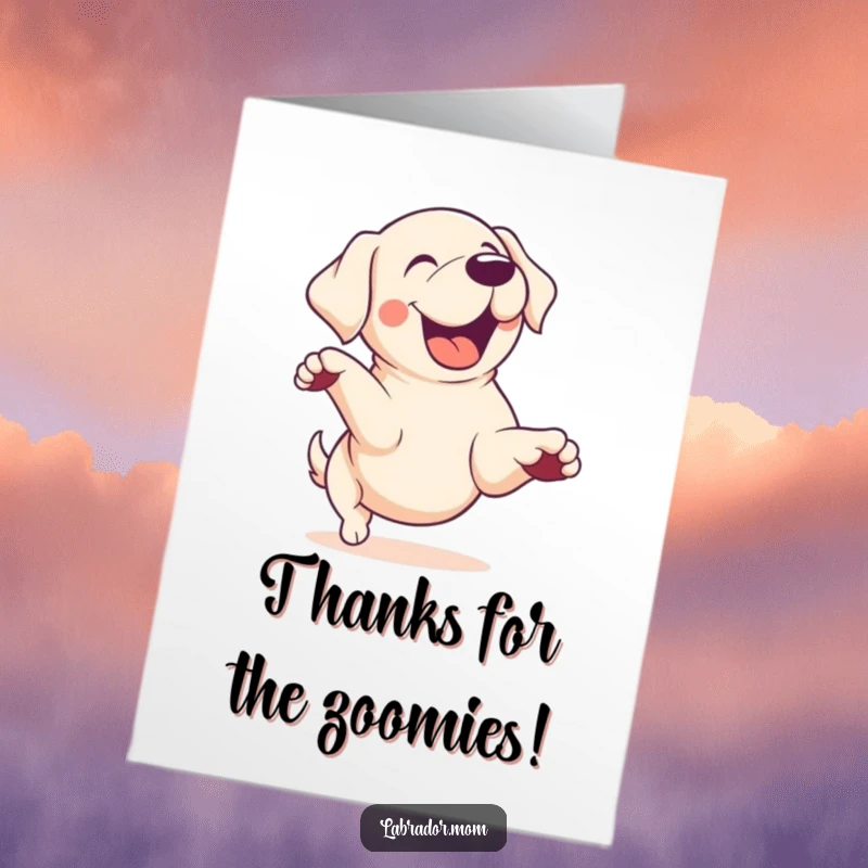 Funny Free Printable Zoomie Lab Thank You Card: Kawaii labrador in a playful zoomie, conveying thanks with speed.