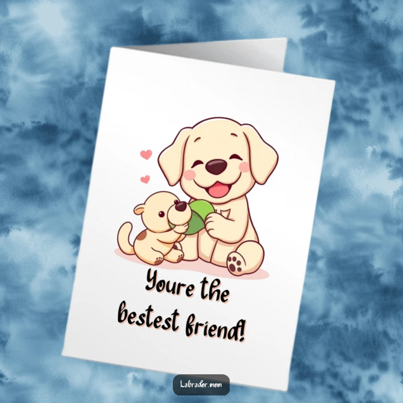 Funny Free Printable Thank You Card: Two adorable kawaii labradors happily sharing a toy, conveying gratitude and warmth.