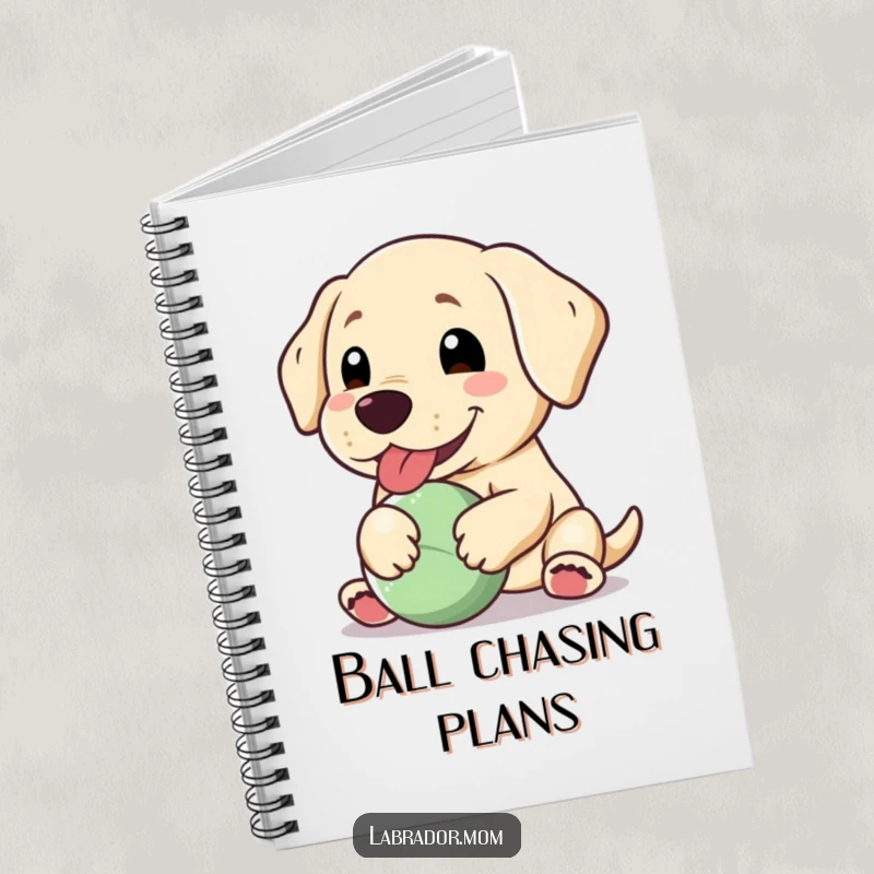 Funny Kawaii Labrador notebook, a happy dog panting with a floppy ear, holding a ball, ideal for jotting notes.