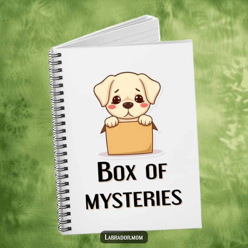Funny Kawaii Labrador Notebook with a bewildered dog hilariously trying to fit into a small box, perfect for note-taking.