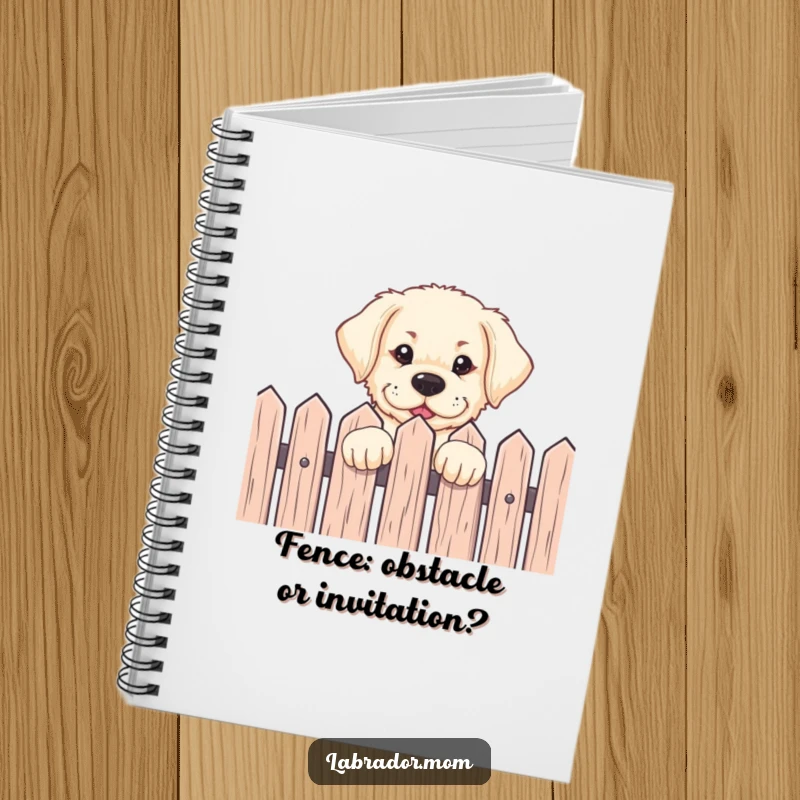 Funny Labrador pup peeking over a fence with an eager expression on a notebook cover, perfect for capturing notes and ideas.