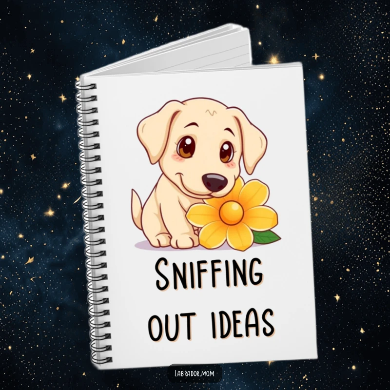 Funny Notebook with a playful Labrador with big, curious eyes sniffing a giant flower, ready to capture gentle thoughts.