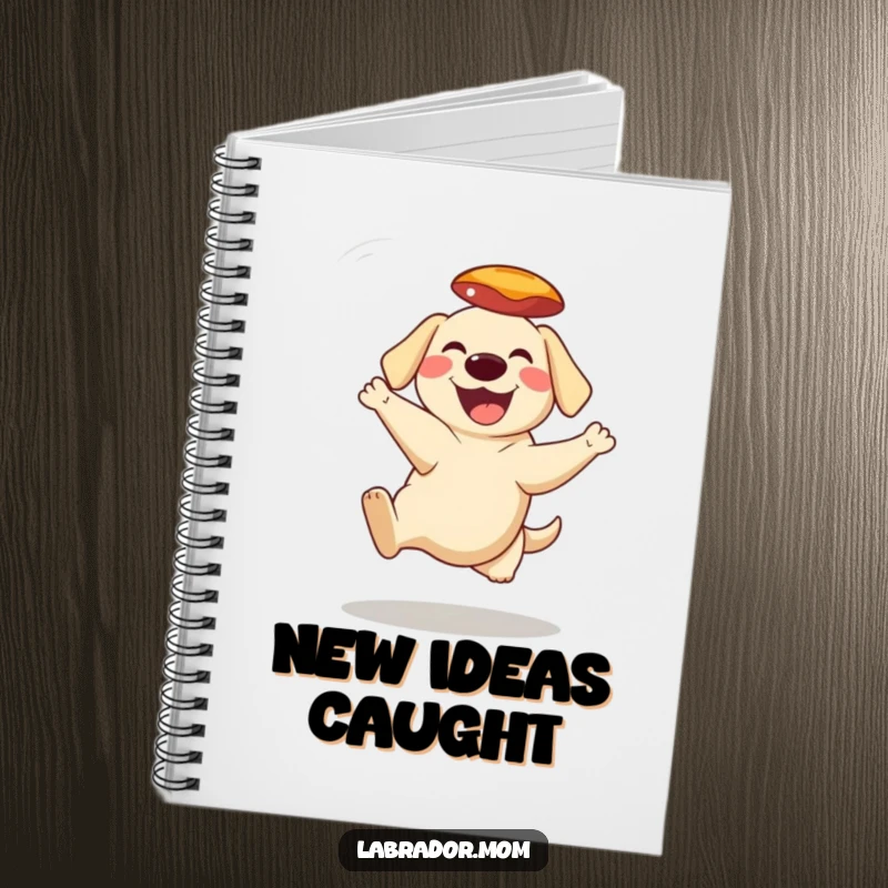 Funny Notebook with a grinning Labrador character mid-air catching a frisbee, ready to capture brilliant ideas and notes.