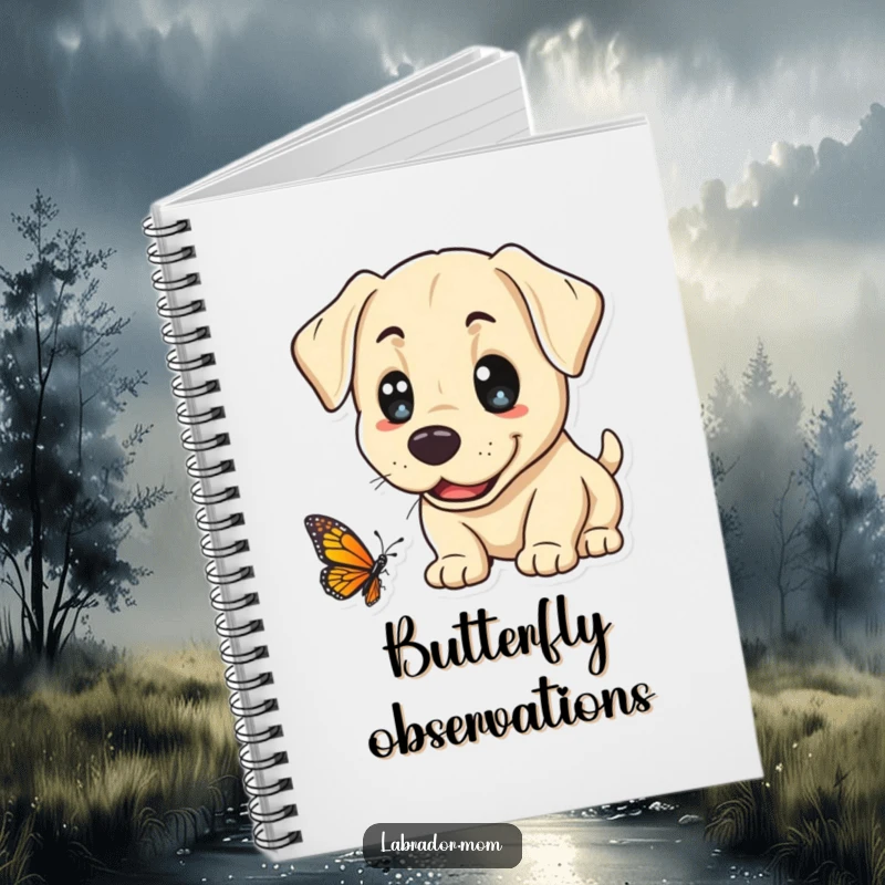 Funny Kawaii Labrador Notebook, a cute lab's curious sniffing of a butterfly is captured, inspiring journaling and nature-inspired creativity