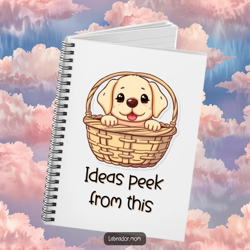 Funny kawaii Labrador notebook with a cute dog peeking from a basket with a mischievous glint, ideal for jotting down ideas with humorous intent.