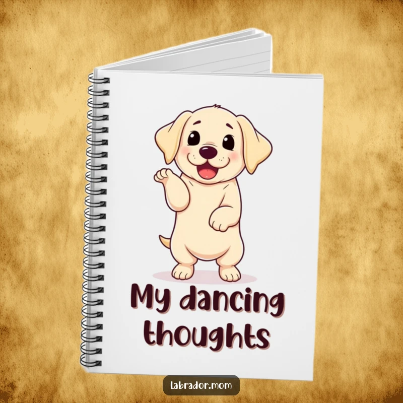 Funny kawaii Labrador with floppy ears doing an energetic happy dance, a humorous notebook for capturing ideas and inspiration.
