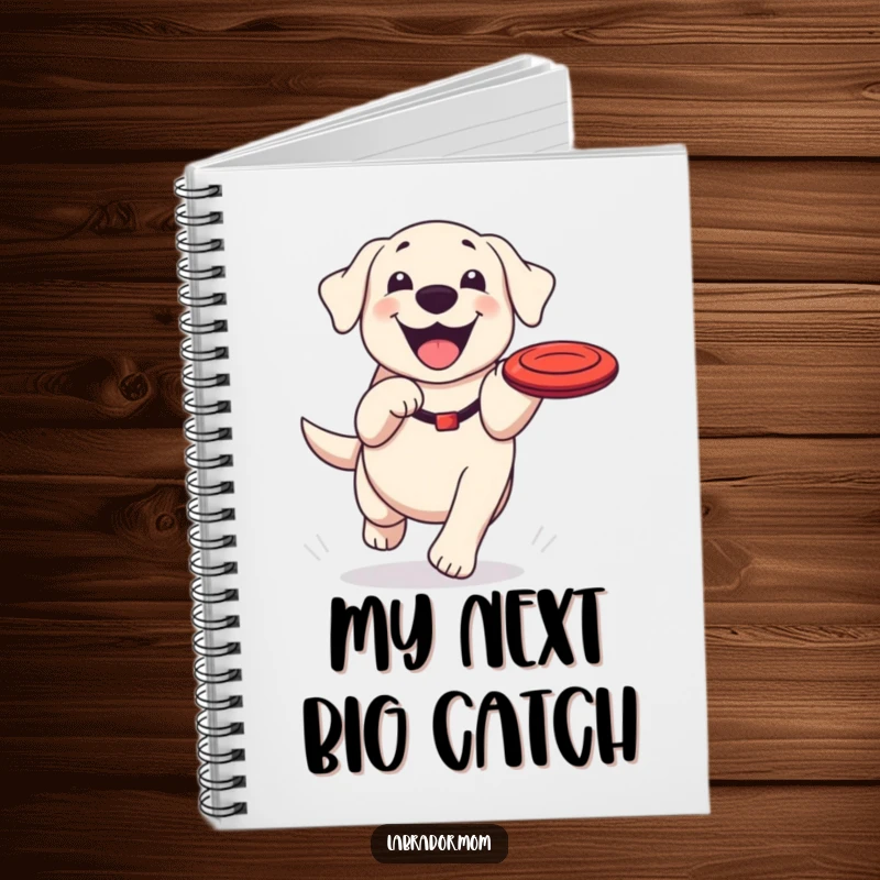 Funny Kawaii Labrador notebook, a cute journal with a happy dog grinning while chasing a frisbee, perfect for notes.