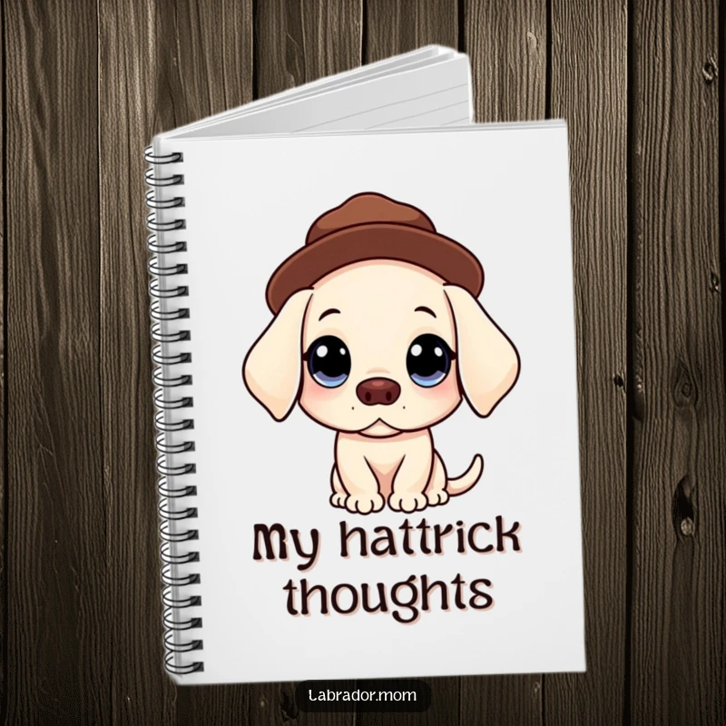 Funny Kawaii Labrador notebook with big, innocent eyes balancing a hat, perfect for jotting down sweet thoughts humorously.