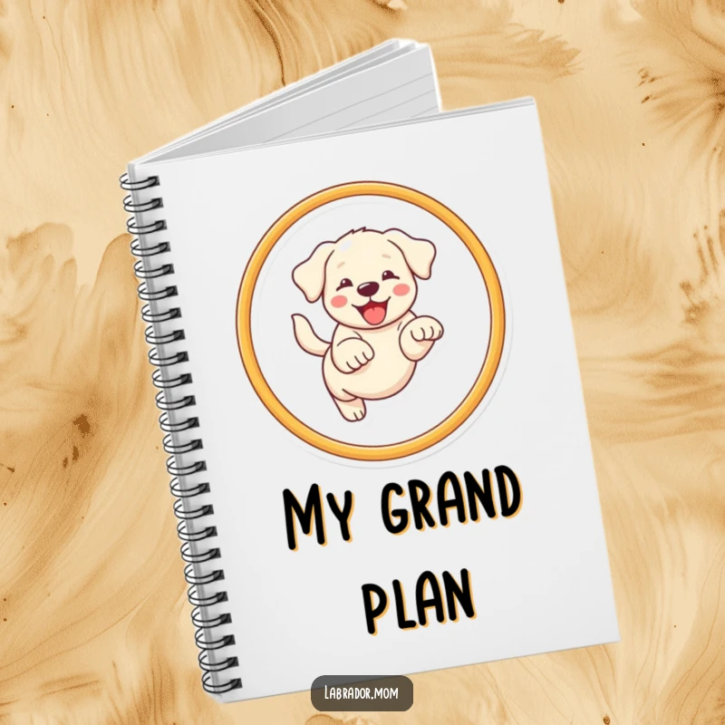 Funny Kawaii Labrador notebook with a happy dog leaping through a hoop, perfect for writing notes.