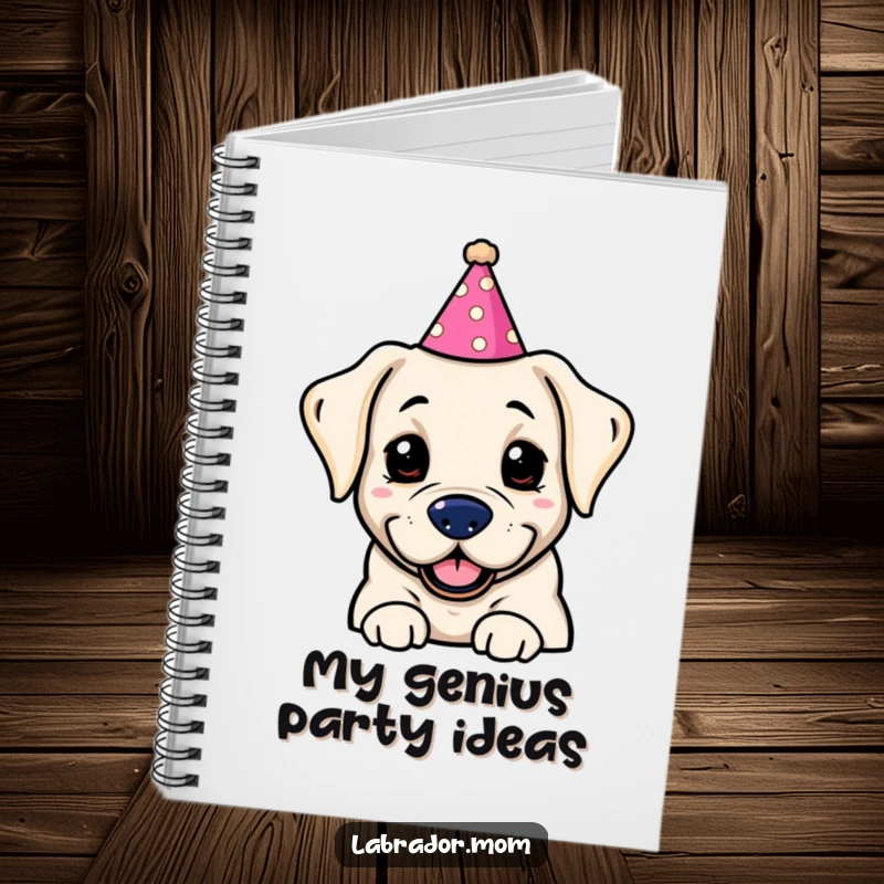 Funny Kawaii labrador in a silly party hat, poised to take notes in this charming and humorous notebook.