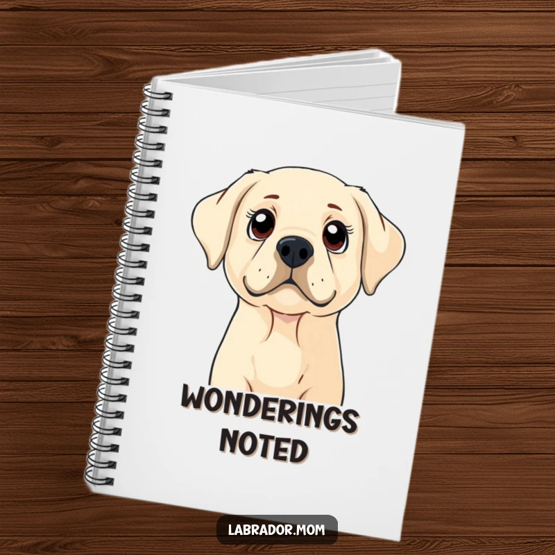 Funny Labrador notebook featuring a dog with wide, curious eyes looking up, perfect for journaling, a funny gift.