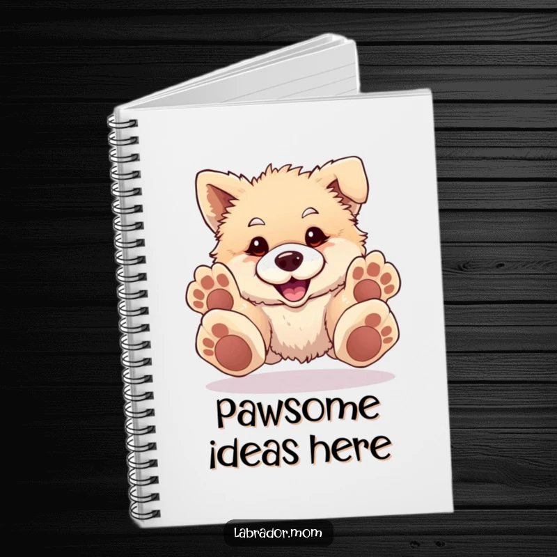 Funny Notebook with a fluffy, happy dog with oversized paws playfully pouncing forward, ready to capture notes and inspiration.