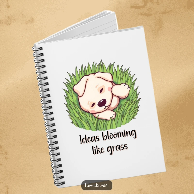 Funny kawaii Labrador rolling playfully in green grass on a notebook cover, perfect for writing.