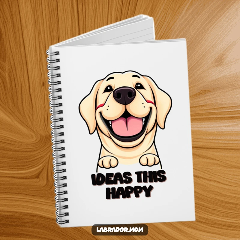 Funny notebook cover depicting a labrador dog with a huge, ecstatic, and wide-open grin, ideal for jotting down funny thoughts.