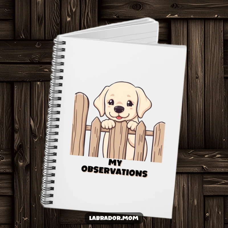 Funny kawaii Labrador peeking over a fence with friendly curiosity, a humorous notebook for capturing your thoughts.