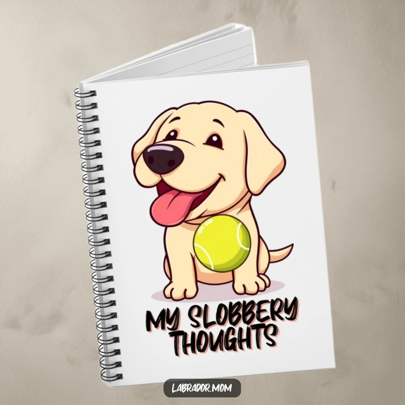 Funny Kawaii Labrador notebook, a cute journal with a happy panting dog holding a slobbery tennis ball, perfect for notes.