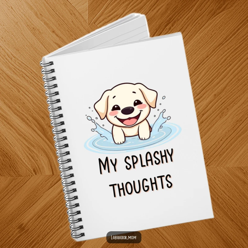 Funny Kawaii Labrador notebook depicting a happy dog splashing in a puddle, perfect for jotting down notes with cheerful energy.