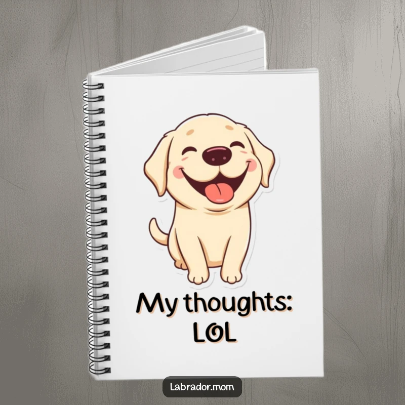 Funny kawaii Labrador notebook with a cute dog sporting a big grin and tongue out, ideal for jotting down ideas with humorous and cheerful flair.