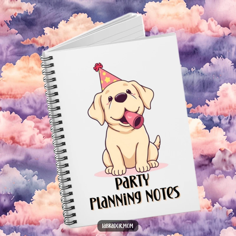 Funny Kawaii Labrador Notebook with a cute dog in party mode, perfect for jotting down ideas.