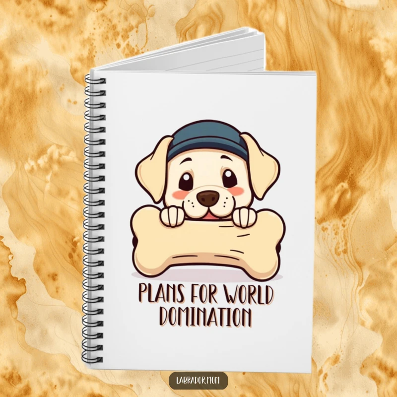 Funny Kawaii Labrador notebook featuring a playful dog peeking from behind a giant bone on the cover.