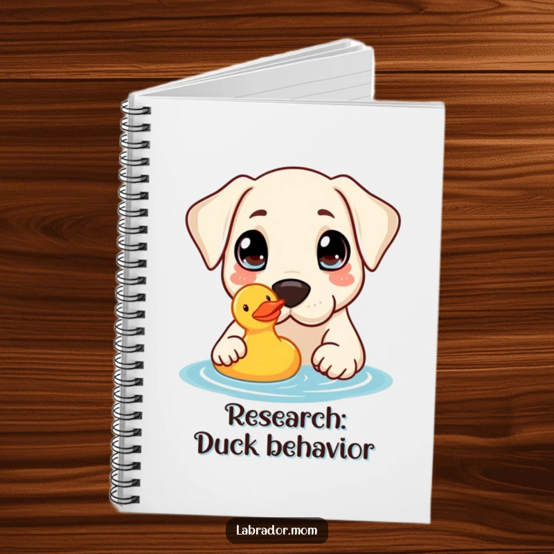 Funny Notebook: A kawaii Labrador with big curious eyes nudging a rubber duck, ideal for jotting down observations or thoughts.