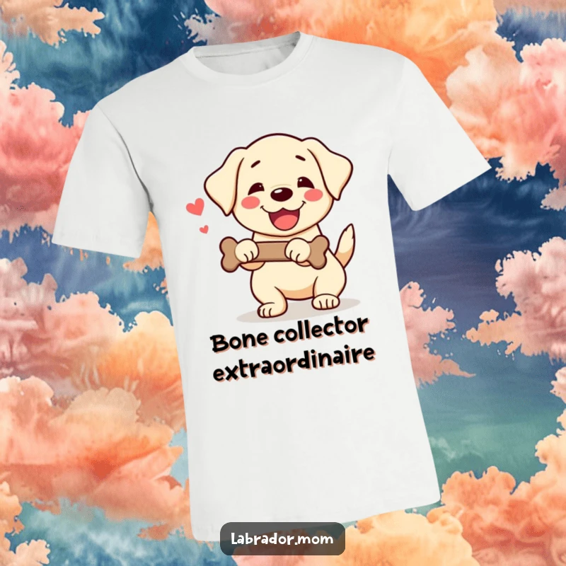 Funny Kawaii Labrador T-Shirt depicting a happy dog wagging its tail with excitement while holding a bone, full of glee.
