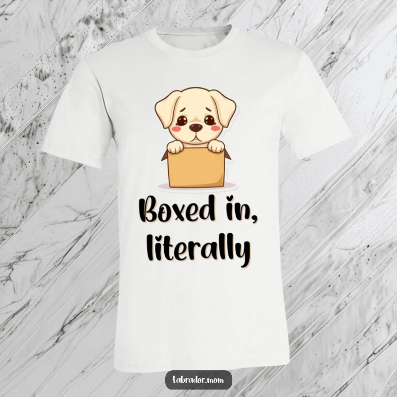 Funny Kawaii Labrador T-Shirt depicting a bewildered dog hilariously stuck in a small box, capturing a funny moment.