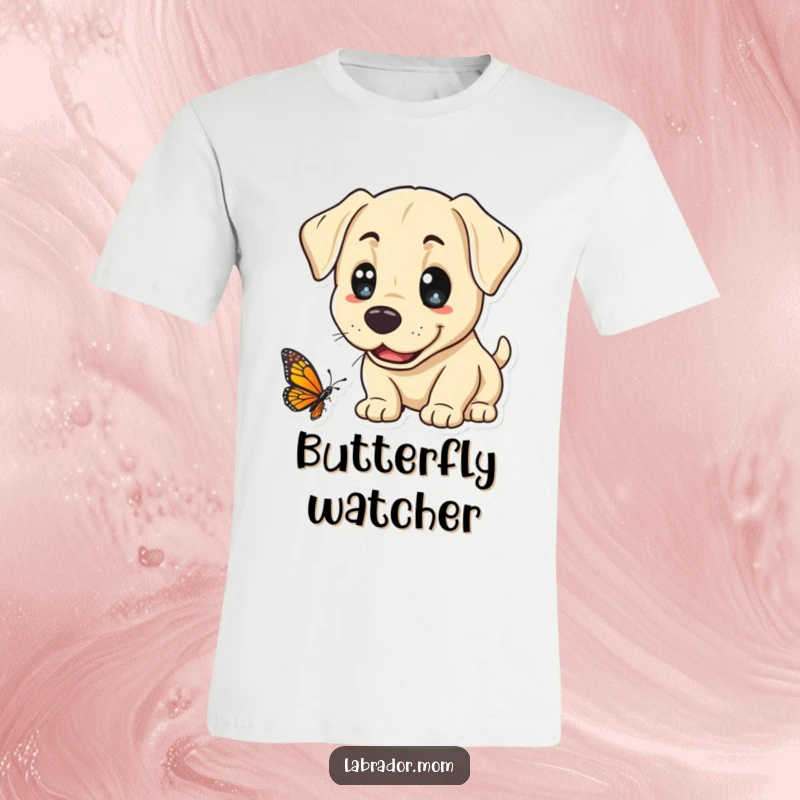 Funny Kawaii Labrador T-Shirt, a cute lab with big eyes investigates a butterfly, highlighting playful curiosity and a love for nature