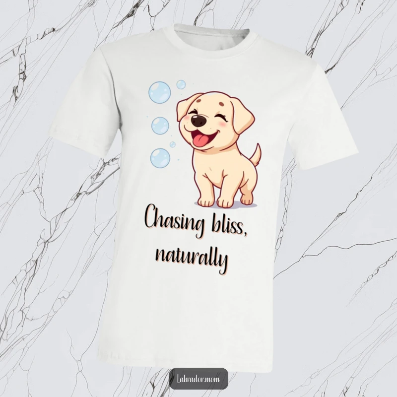 Funny Kawaii Labrador T-Shirt: A happy, winking dog with a big smile, leaping to catch colorful bubbles in the sky.