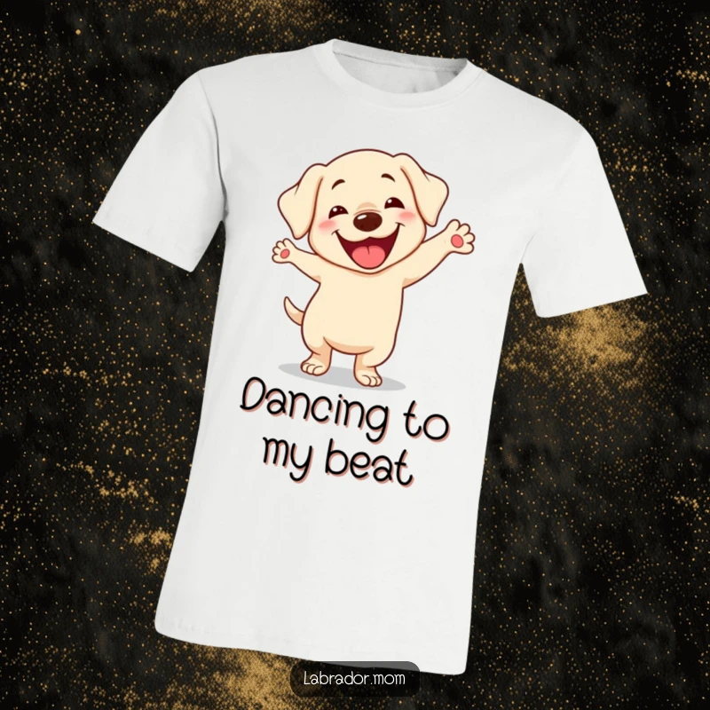 Funny Kawaii Labrador T-Shirt, cute dog doing a silly dance with a goofy smile, expressing joy and fun, great funny gift.