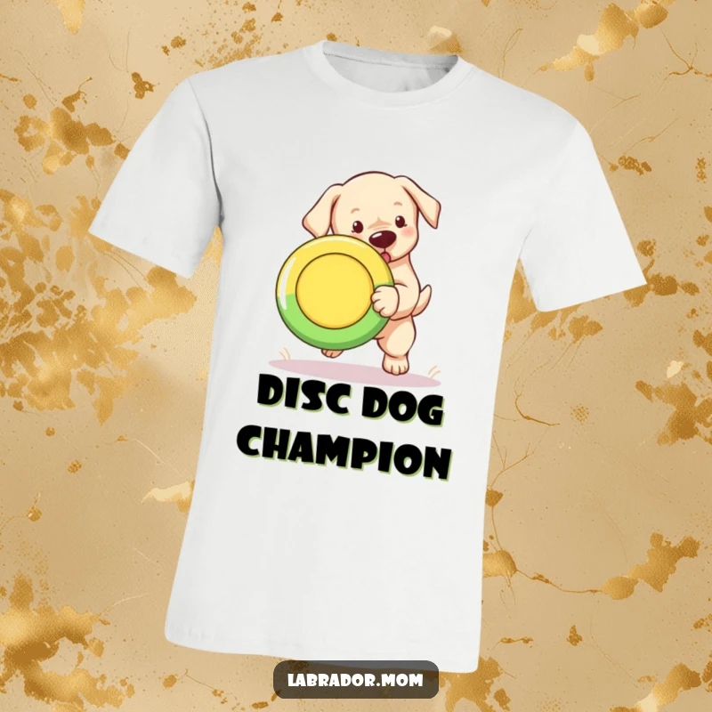 Funny Labrador puppy t-shirt showing a cute cub enthusiastically fetching a colorful Frisbee.