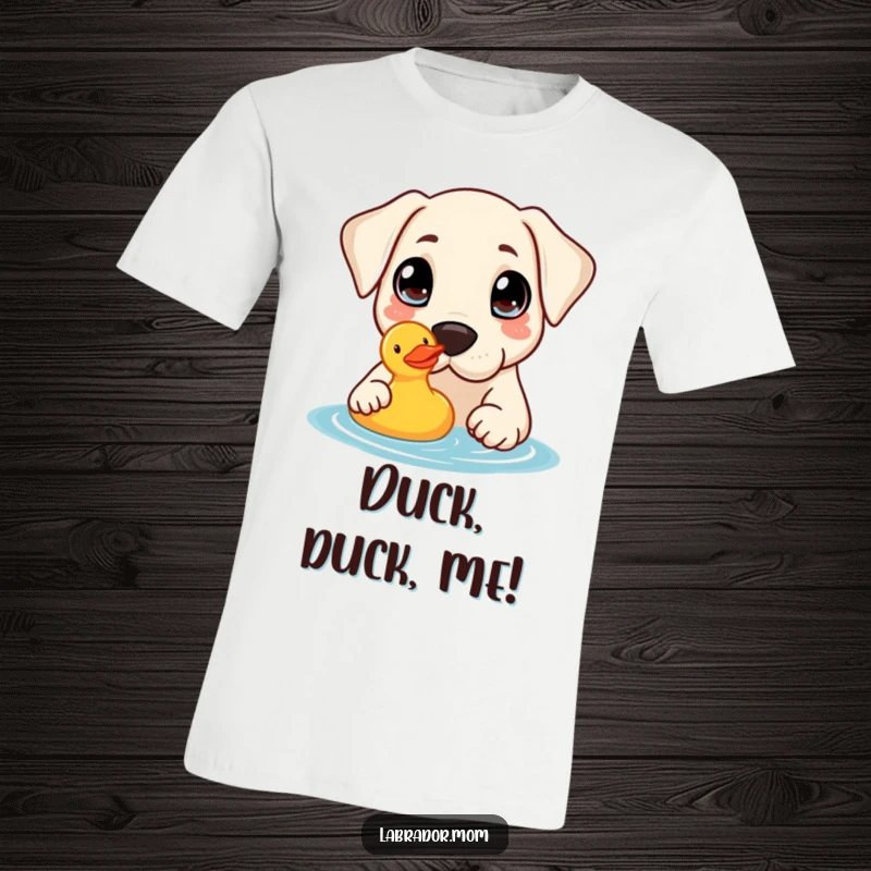 Funny T-Shirt: A charming kawaii Labrador with wide, inquisitive eyes playfully nudges a rubber duck floating in water.