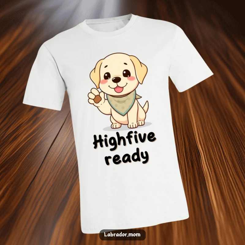 Funny Kawaii Labrador T-Shirt, a charming lab wearing a bandana offers its paw for a high-five, symbolizing playful connection and teamwork