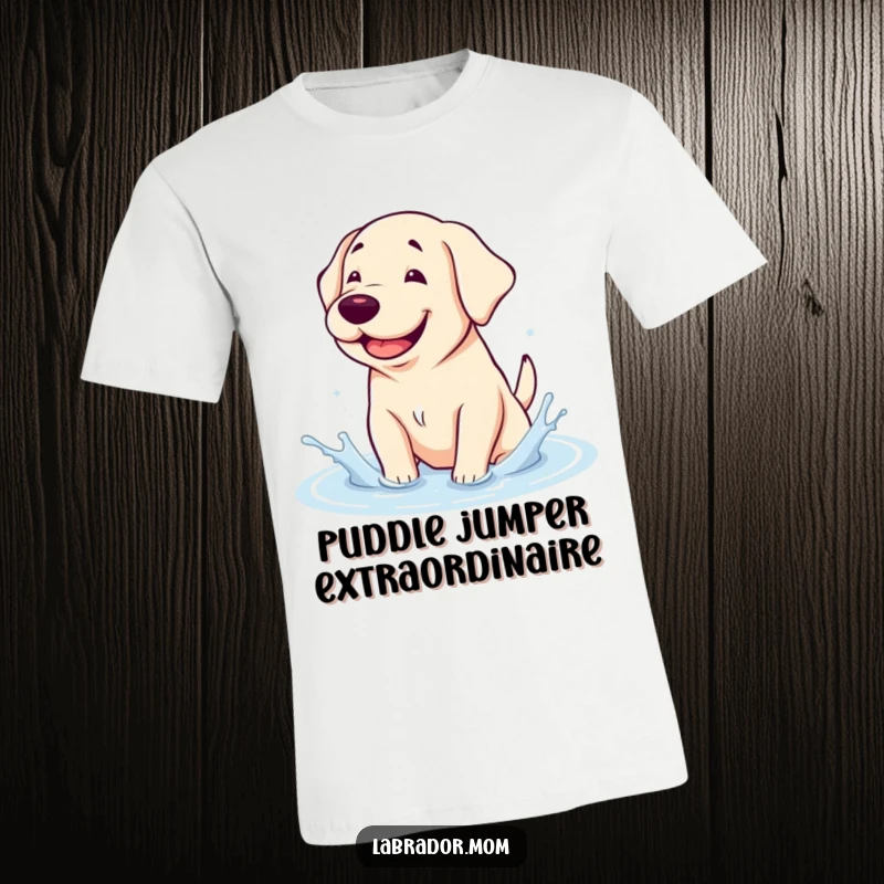 Funny T-Shirt: A cheerful kawaii Labrador with a wide, goofy smile splashes gleefully in a rain puddle.