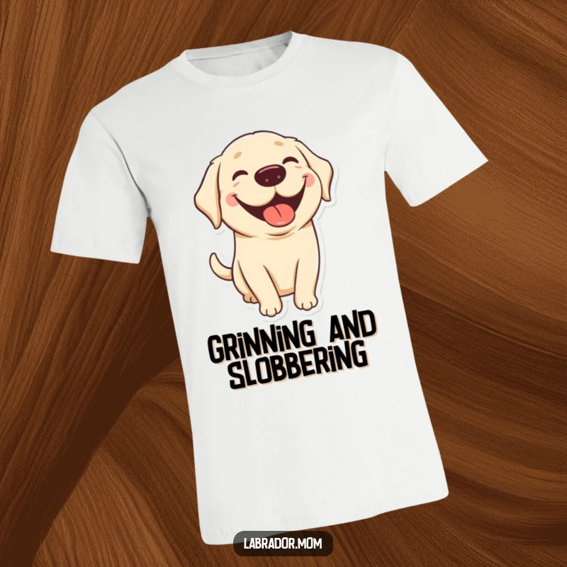 Funny kawaii Labrador t-shirt with a cute dog sporting a big grin and tongue out, expressing joy and playfulness for humorous dog apparel.