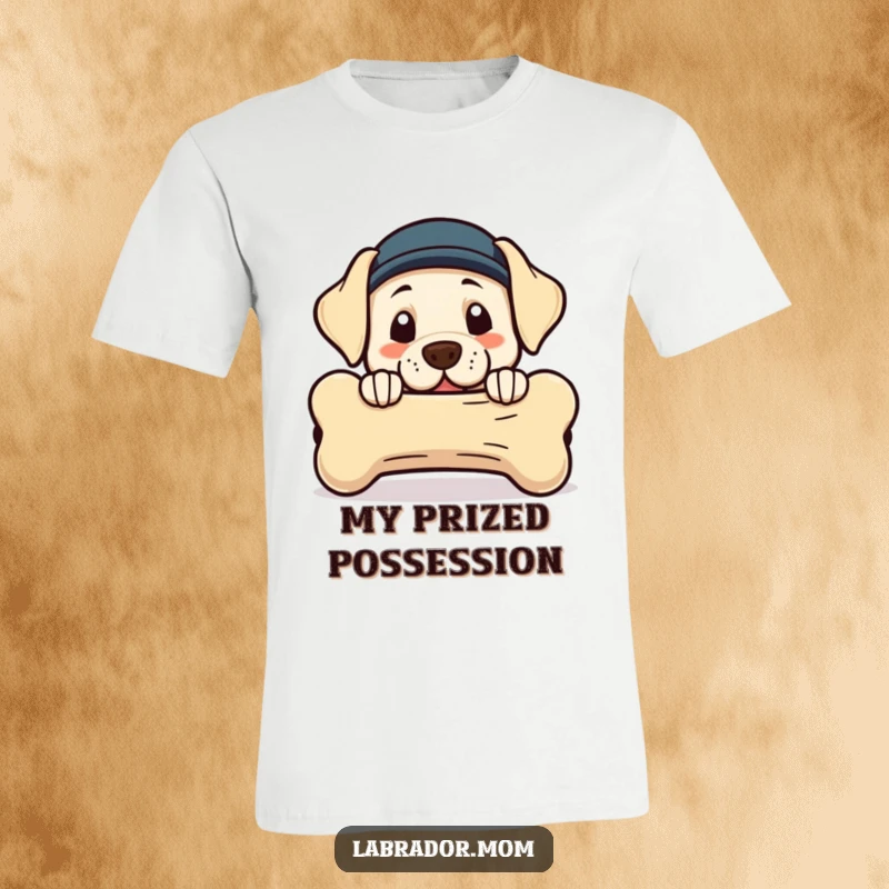 Funny Kawaii Labrador t-shirt featuring a cute dog peeking from behind a massive bone, full of playful mischief.
