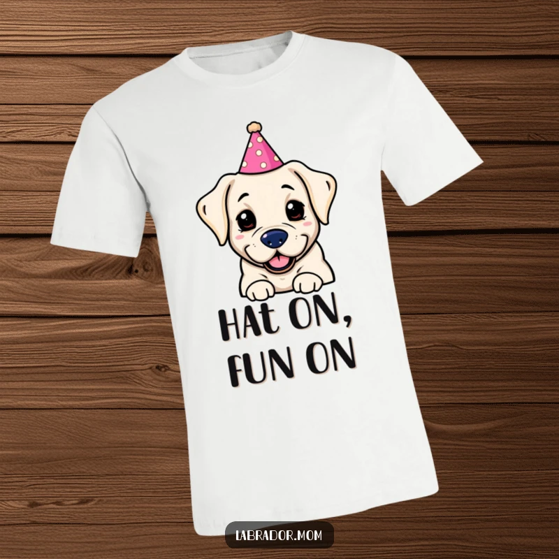 Funny Kawaii labrador model wearing a silly party hat, exuding pure joy and festive spirit on this hilarious t-shirt.