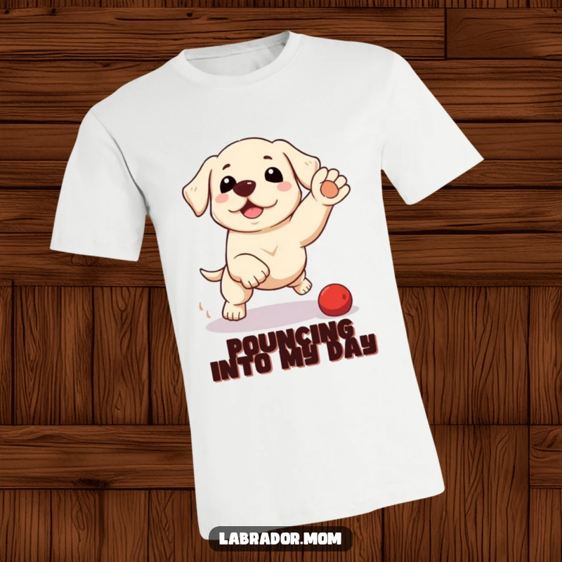 Funny kawaii Labrador t-shirt with a cute dog in a playful pounce, expressing joy and energy for humorous dog lover apparel.