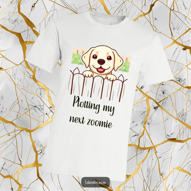 Funny kawaii Labrador dog peeking over a fence with a playful expression, printed on a soft t-shirt.