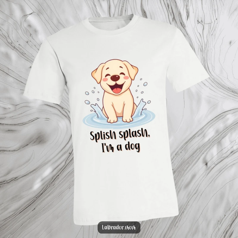 Funny Kawaii Labrador t-shirt, depicted mid-splash in a puddle, water flying, radiating pure, unadulterated canine glee.