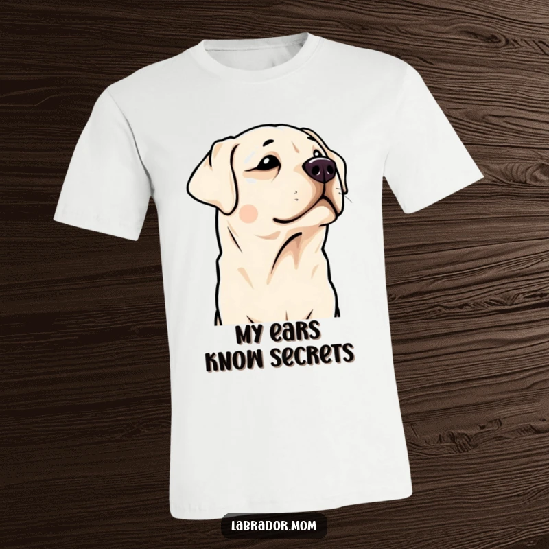 Funny Kawaii Labrador t-shirt, head tilted listening pose. A humorous and cute design for dog lovers.