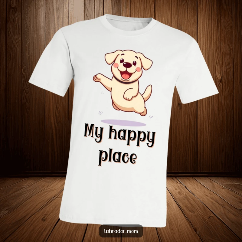 Funny kawaii Labrador dog t-shirt, depicting an enthusiastic mid-air leap with a wide, happy grin, perfect for dog enthusiasts.
