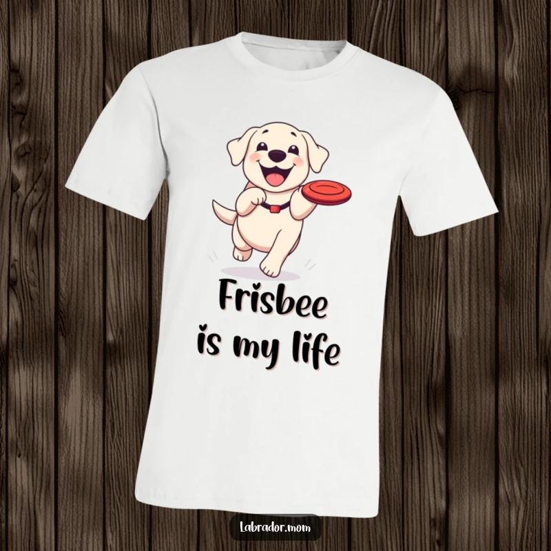 Funny Kawaii Labrador T-shirt, showing a happy dog with a big grin chasing a frisbee in mid-air, full of energy.