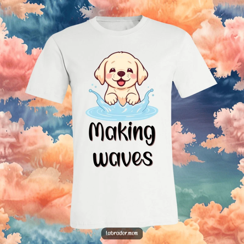 Funny Kawaii Labrador t-shirt depicting a happy dog joyfully splashing and playing in water, perfect funny gift.
