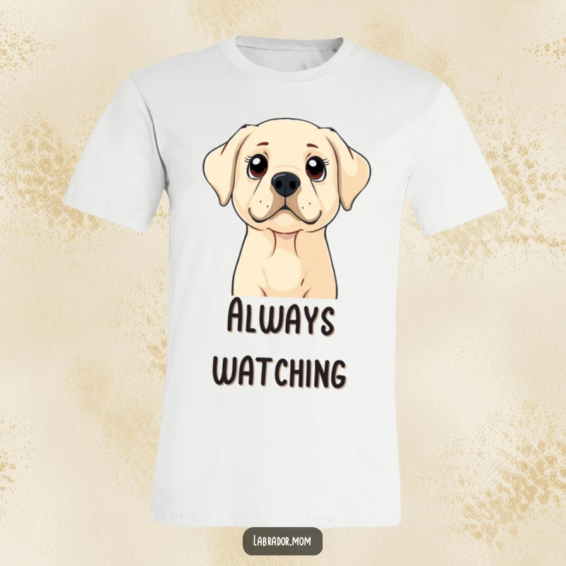 Funny Labrador t-shirt featuring a dog with wide, curious eyes looking up, expressing innocence and wonder, a perfect funny gift.